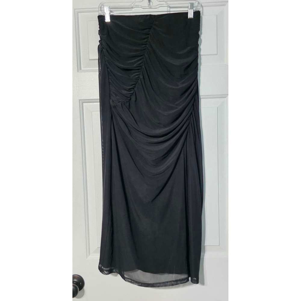 House of Harlow 1960 Black Ruched Mesh Midi Skirt Women Size M Draped